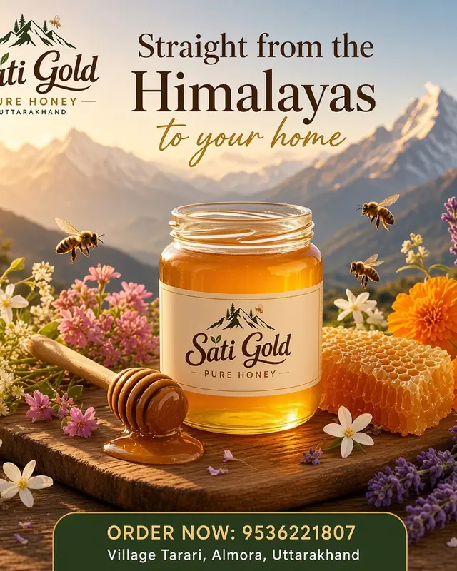 Sati Gold Pure Honey jar with honeycomb against Himalayan mountains