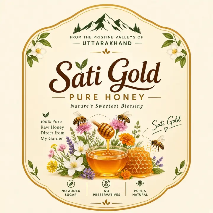 Sati Gold Pure Honey label: from the pristine valleys of Uttarakhand, 100% pure raw honey