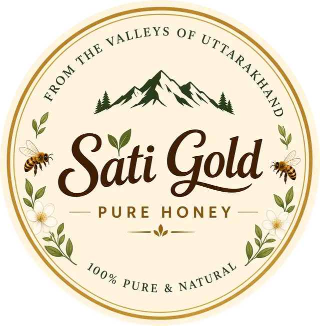 Sati Gold round lid sticker: from the valleys of Uttarakhand, 100% pure and natural